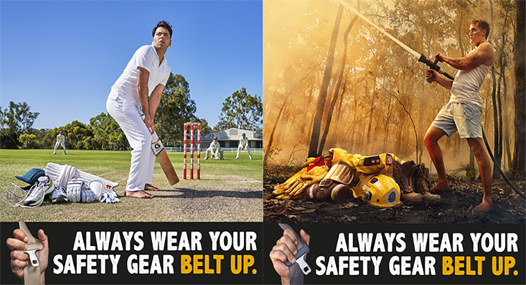 The ‘Always wear your safety gear. Belt up campaign’ uses scenarios involving a cricket player, firefighter, and a tradesperson to encourage the viewer to question their reluctance to wear a seat belt, highlighting that it is just as – if not more – risky than the examples presented.